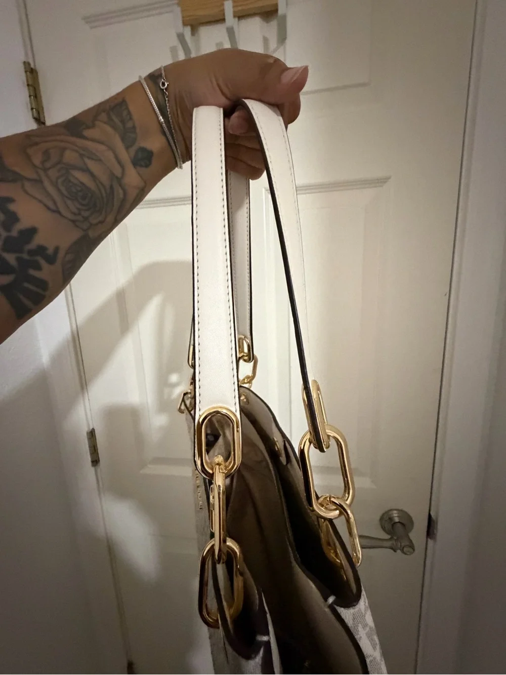 Michael Kors Cream/White MK Logo Tote with Gold Hardware